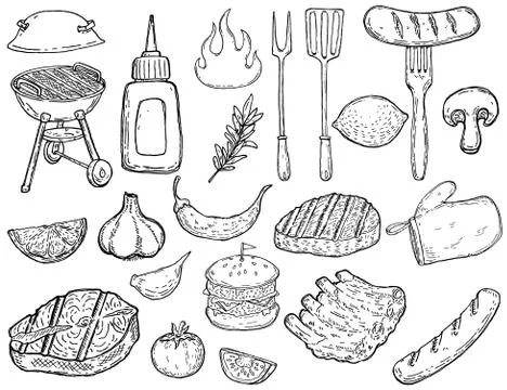 Set of hand drawn grill design elements. Meat, vegetables, grills, kitchen to Stock Illustration