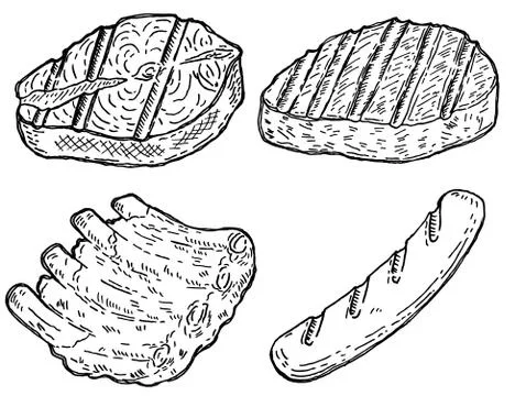 Set of hand drawn grilled meat. Grilled salmon, roasted steak, sausage, roast 스톡 일러스트