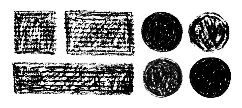 Set of hand drawn grunge frames and circles with scribble texture. Charcoal or Illustrazione stock