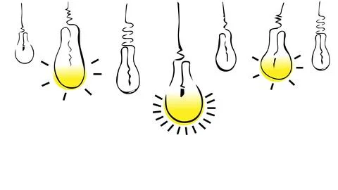 Set of hand drawn hanging light bulbs on white background, brainstorming concept Stock Illustration