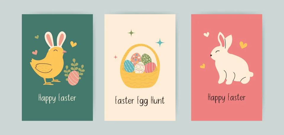 Set of hand-drawn Happy Easter vertical backgrounds. Greeting card with chick Stock Illustration