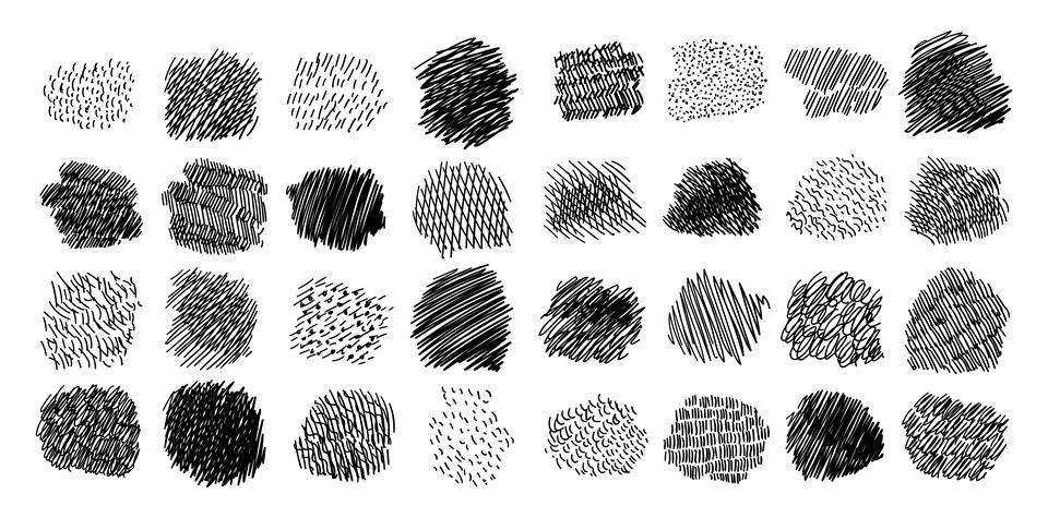 Set of hand drawn hatched scribble symbols isolated on white. Stock Illustration
