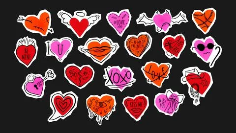 Set of hand-drawn hearts in a collage style. Set of stickers Stock Illustration