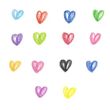Set of hand drawn hearts. Colored pencils texture red blue orange yellow cyan Stock Illustration
