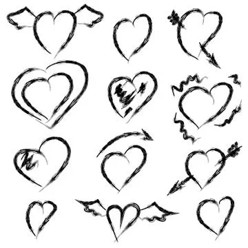 Set of hand drawn hearts. Rough style, isolated black on white background Illustrazione stock