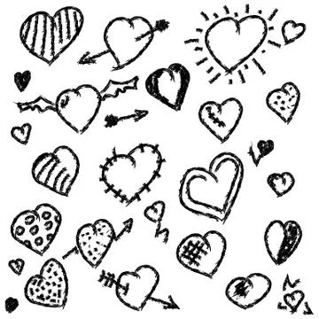 Set of hand drawn hearts. Rough style, isolated black on white background Illustrazione stock