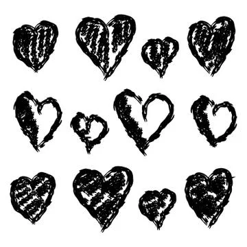 Set of hand drawn hearts. Rough style, isolated black on white background Stock Illustration