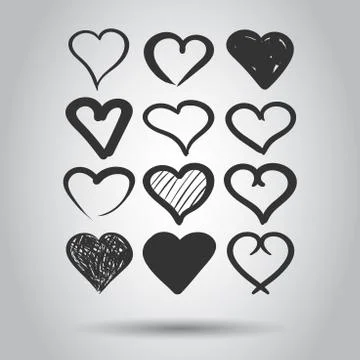 Set of the hand drawn hearts vector icon. Love sketch doodle heart illustrati Stock Illustration