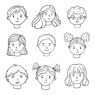 Set of hand drawn human faces. People's faces in doodle style Stock Illustration