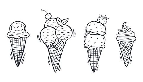 Set of hand drawn ice cream cones in line art style Stock Illustration