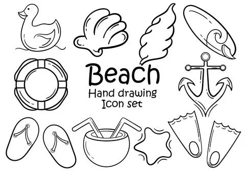Set of hand drawn icons about sea or beach Stock Illustration