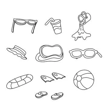 A set of hand drawn icons for summer beach vacation coloring page for kids 스톡 일러스트
