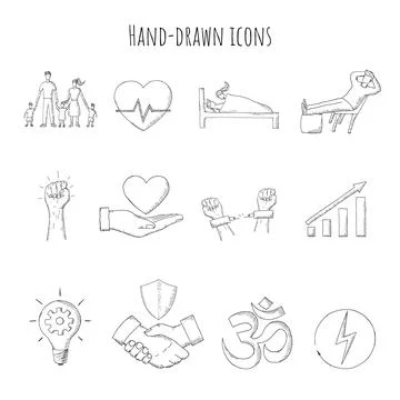 Set of hand-drawn icons. Vector illustrations. Isolated. Stock Illustration