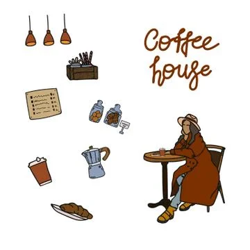 A set of hand-drawn illustrations for cafes. The girl is sitting at a cafe table Stock Illustration