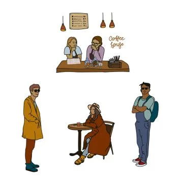 A set of hand-drawn illustrations for cafes. Girls work in a cafe. Vector Stock Illustration
