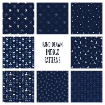 Set of hand drawn indigo blue patterns. Seamless vector triblal backgrounds with 库存插图