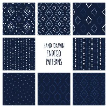 Set of hand drawn indigo blue patterns. Seamless vector navajo backgrounds with Stock Illustration