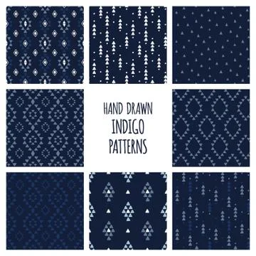 Set of hand drawn indigo blue patterns. Seamless vector aztec backgrounds with Stock Illustration