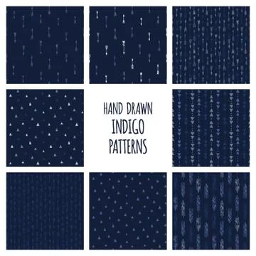Set of hand drawn indigo blue patterns. Seamless vector native american Stock Illustration