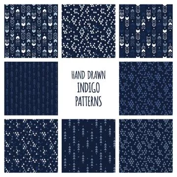 Set of hand drawn indigo blue and white patterns. Seamless vector triblal aztec Stock Illustration