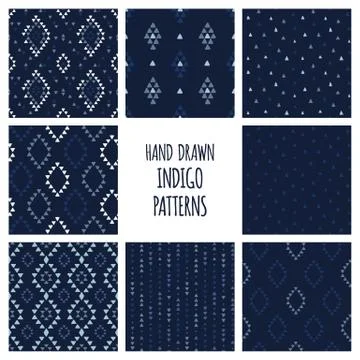 Set of hand drawn indigo blue patterns. Seamless vector native american Stock Illustration