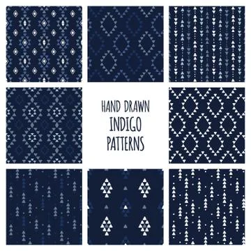 Set of hand drawn indigo blue patterns. Seamless vector tribal indian Stock Illustration