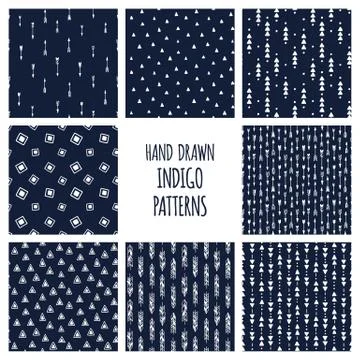 Set of hand drawn indigo blue patterns. Seamless vector native american Stock Illustration