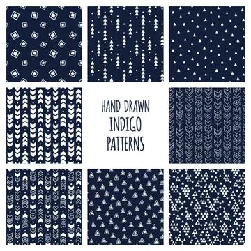 Set of hand drawn indigo blue and white patterns. Seamless vector triblal aztec 库存插图