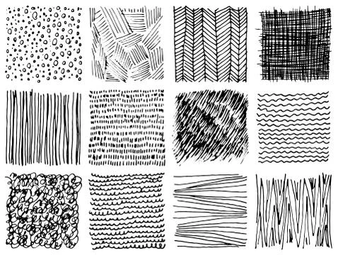 Set of hand drawn ink textures. Simple vector scratchy patterns Stock Illustration