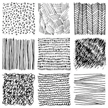 Set of hand drawn ink textures. Simple vector scratchy patterns Stock Illustration