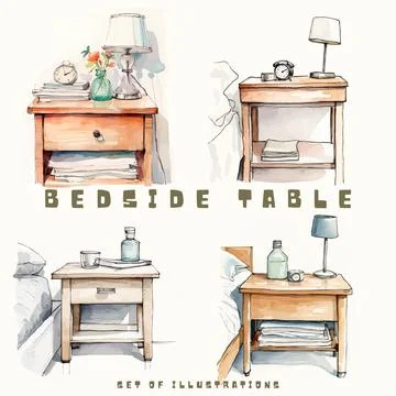 Set of hand drawn interior elements: bedside table, lamp, nightstand, books, cof 스톡 일러스트