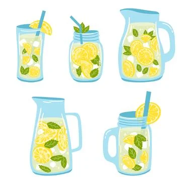 Set of hand drawn jars and glasses with lemonade. Vector illustration of fresh Stock Illustration