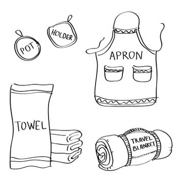 Set of hand drawn kitchen goods doodles isolated on a white background. Stock Illustration