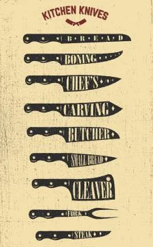 Set of hand drawn kitchen knives illustrations. Design elements Stock Illustration