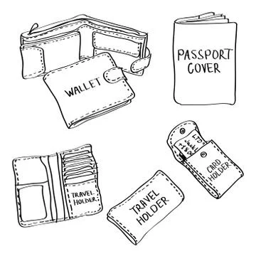 Set of hand drawn leather accessories doodles isolated on a white background. Stock Illustration