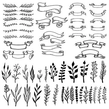 Set of hand drawn leaves, branches, flowers, flourishes. Design element for.. Stock Illustration