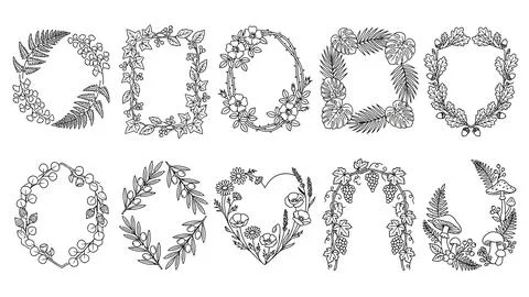 Set of hand-drawn line art floral frames, wreaths, and borders in various s.. Stock Illustration
