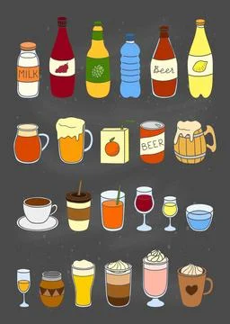 Set of hand drawn liquid drinks. Stock Illustration