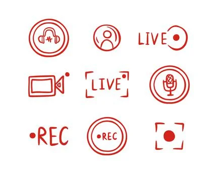 Set hand drawn live streaming doodle icons. Video broadcasting Button, red Stock Illustration