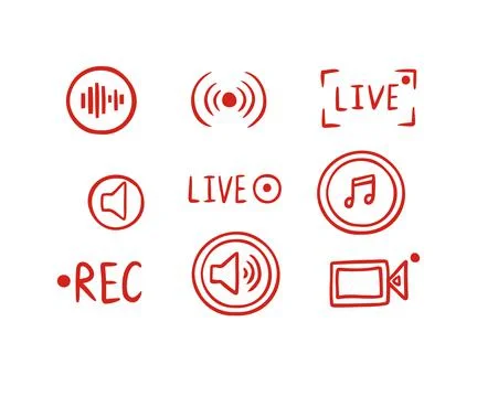 Set hand drawn live streaming doodle icons. Video broadcasting Button, red Stock Illustration