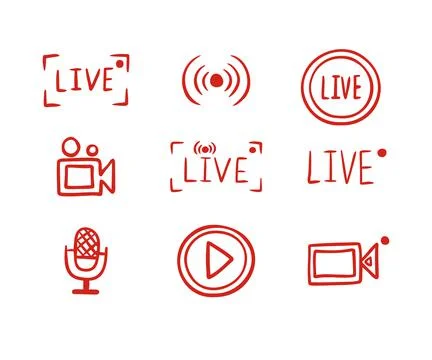 Set hand drawn live streaming doodle icons. Video broadcasting Button, red Stock Illustration