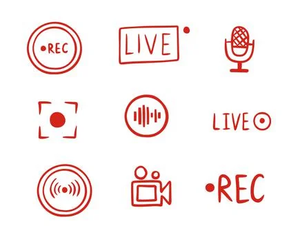 Set hand drawn live streaming doodle icons. Video broadcasting Button, red Stock Illustration