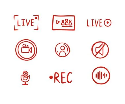 Set hand drawn live streaming doodle icons. Video broadcasting Button, red Stock Illustration