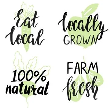 Set of hand drawn logos for local, natural product design. Stock Illustration