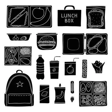 Set of hand drawn lunch boxes. Stock Illustration