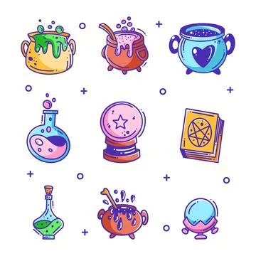 Set of hand drawn magic collection full color Stock Illustration