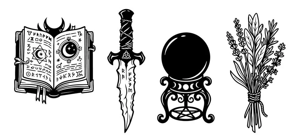 Set of hand drawn magic items including spell book dagger crystal ball and dried Stock Illustration