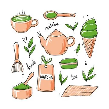 Set of hand drawn matcha tea ingredient elements. Stock Illustration