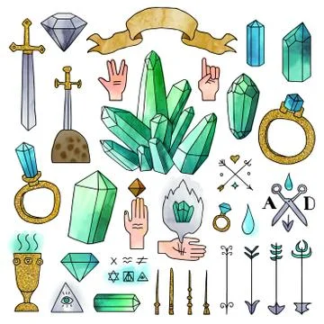 Set of hand drawn medieval elements with watercolor effect. Stock Illustration