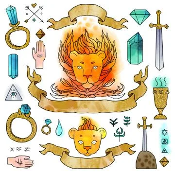 Set of hand drawn medieval elements with watercolor effect. Stock Illustration